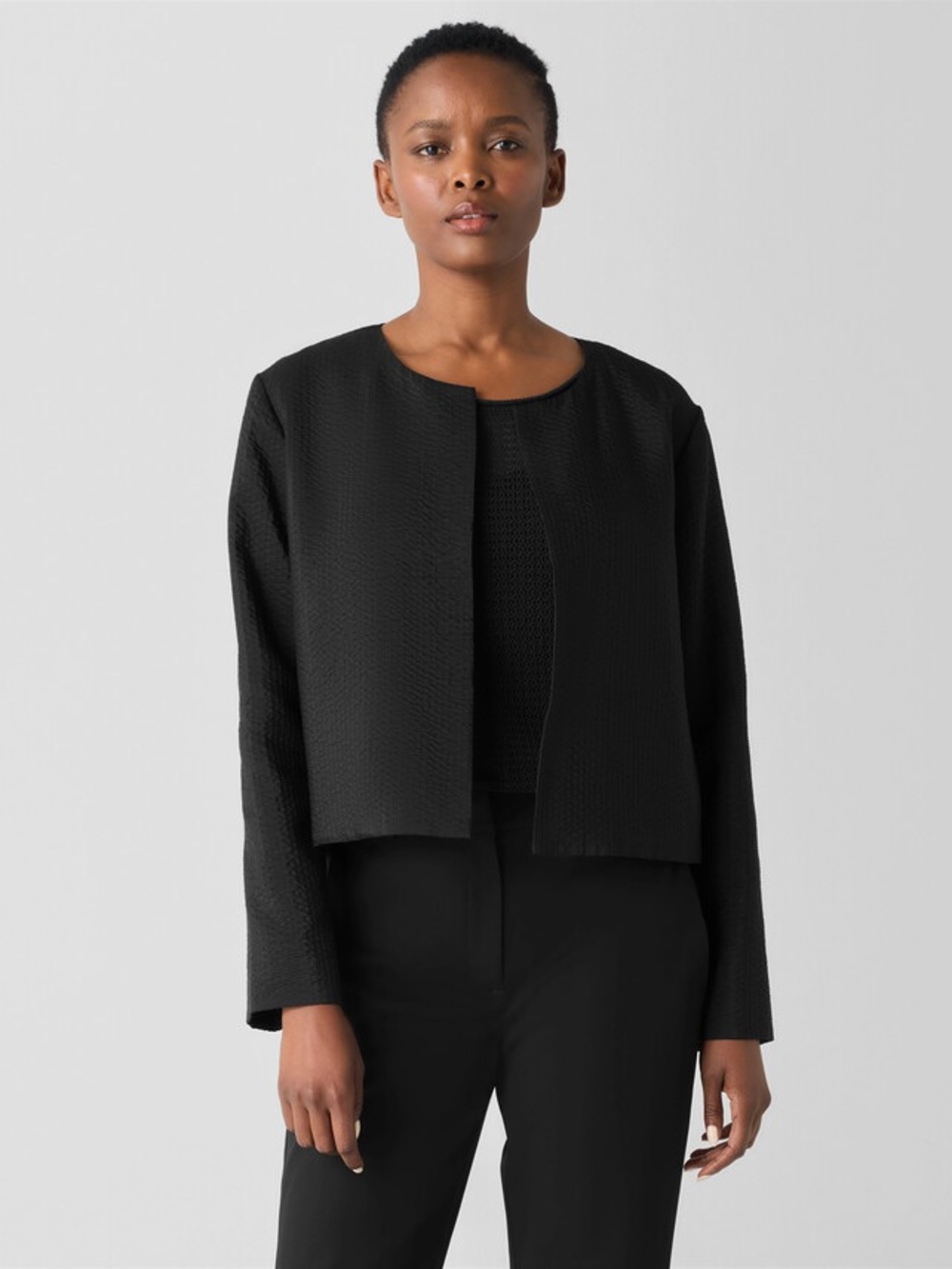 Eileen Fisher 100% Silk Quilted Round Neck Jacket Black XL Cropped Minimalist